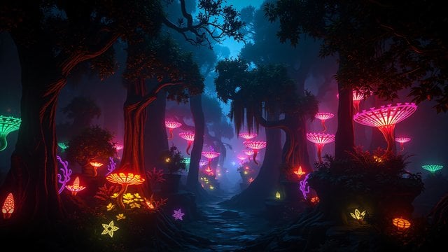 Enchanted Forest with Neon Glow Mushrooms
