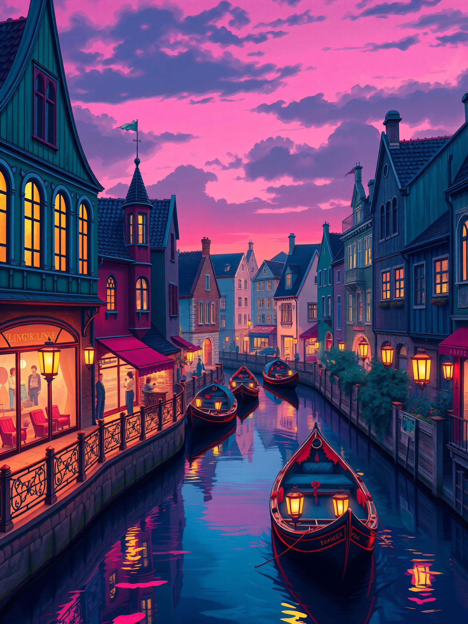 Fantasy Canal Town Sunset Pink Sky Wallpaper, canal town, fantasy city, pink sky, purple sunset, gondola, cobblestone