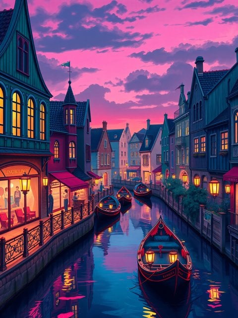 Fantasy Canal Town Sunset Pink Sky Wallpaper