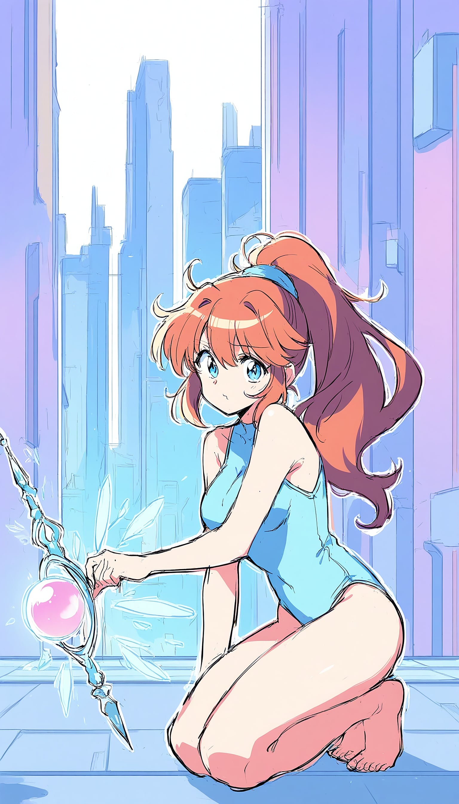 Anime Girl with Staff in Cyber City, anime girl, magic staff, futuristic city, anime wallpaper, fantasy art, cute anime