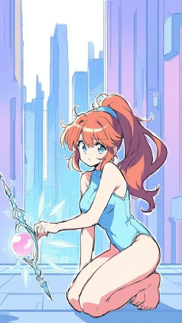 Anime Girl with Staff in Cyber City
