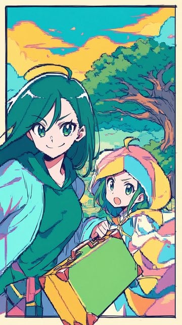 Anime Girls Adventure in Green and Yellow