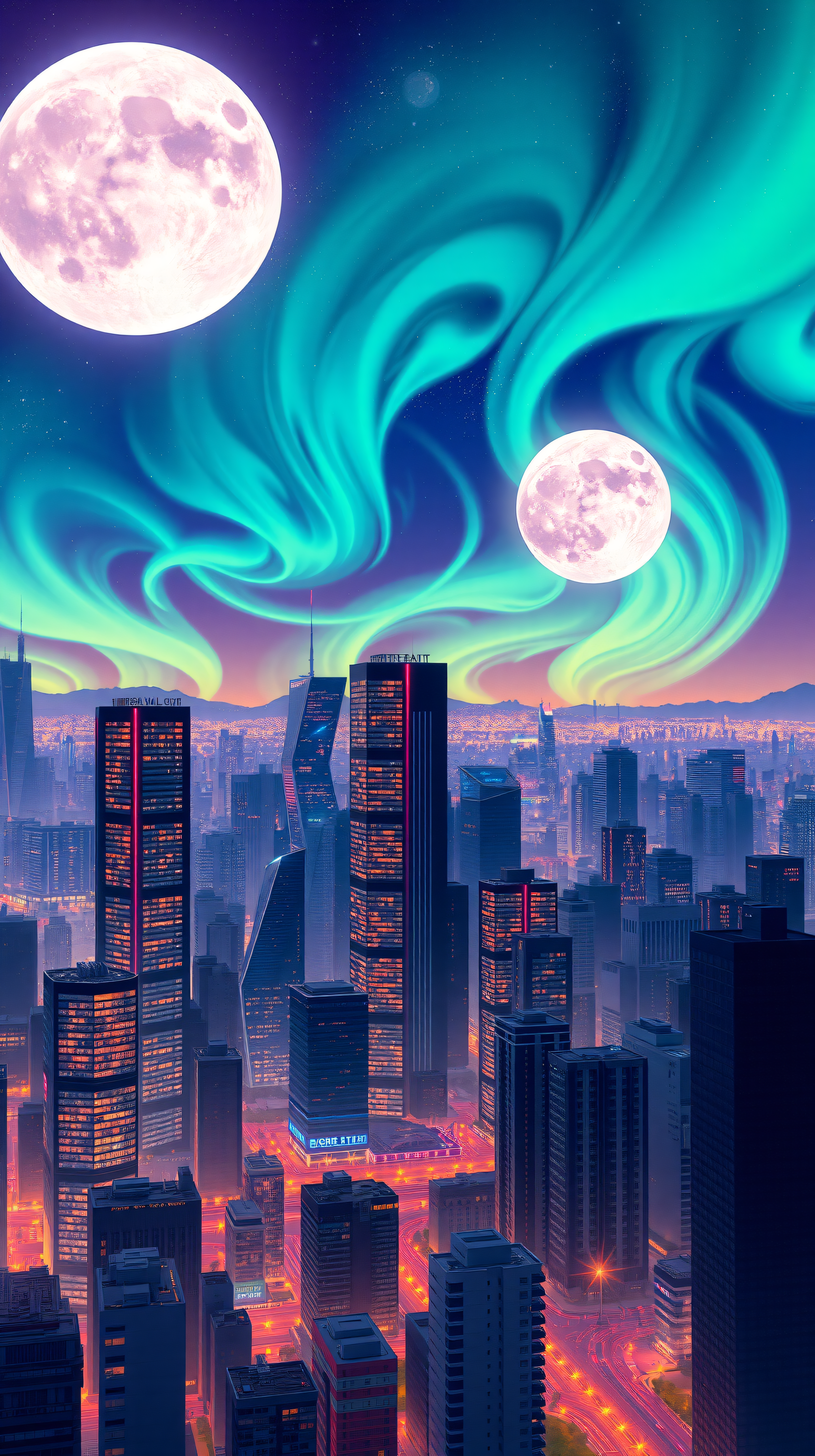 Dual Moons Aurora Cityscape Wallpaper, cityscape, aurora borealis, dual moons, fantasy city, night city, futuristic