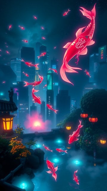 Cyberpunk Koi Night Cityscape