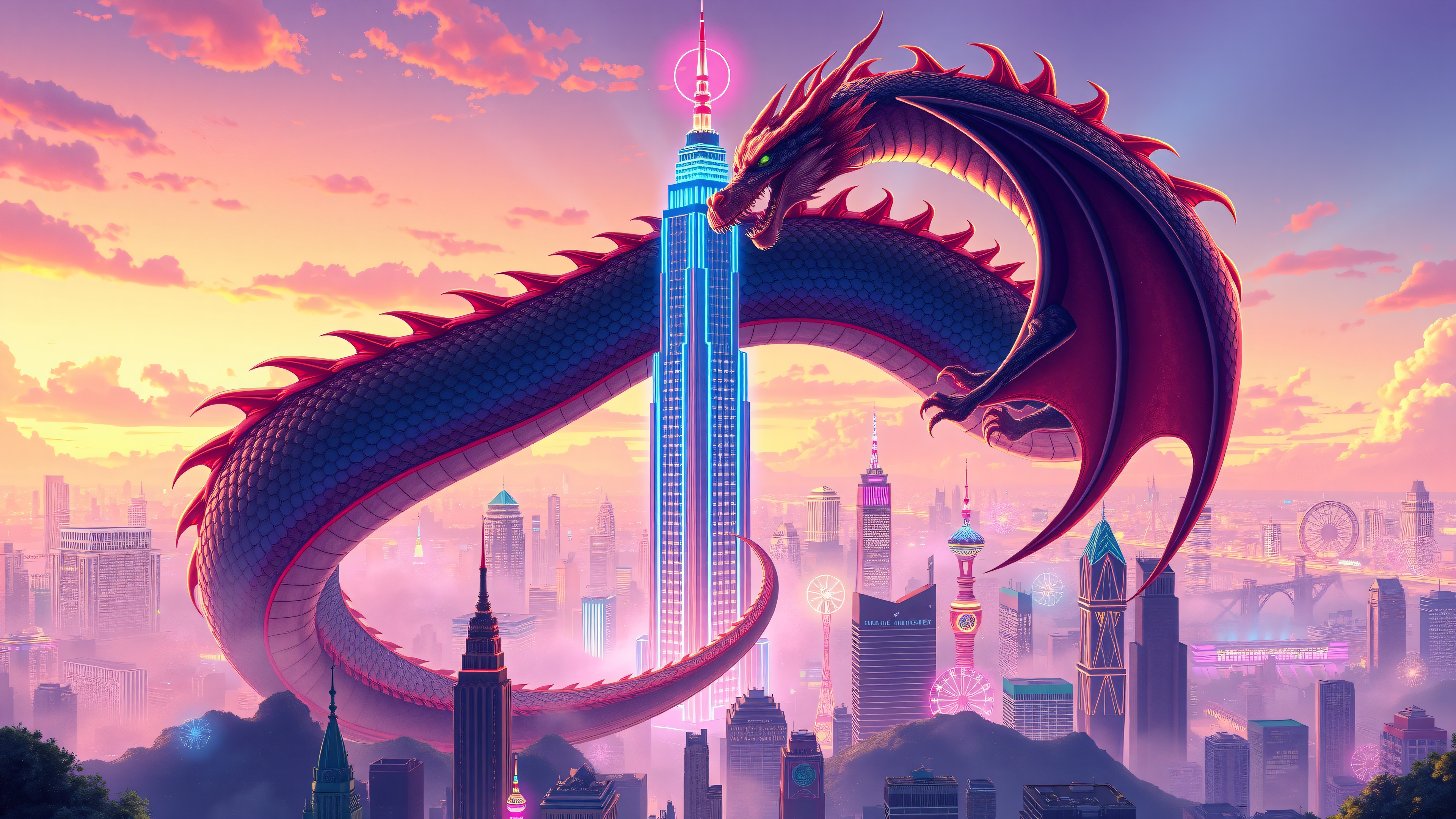 Neon Dragon Cityscape at Sunset, dragon, cityscape, fantasy, sunset, neon, futuristic