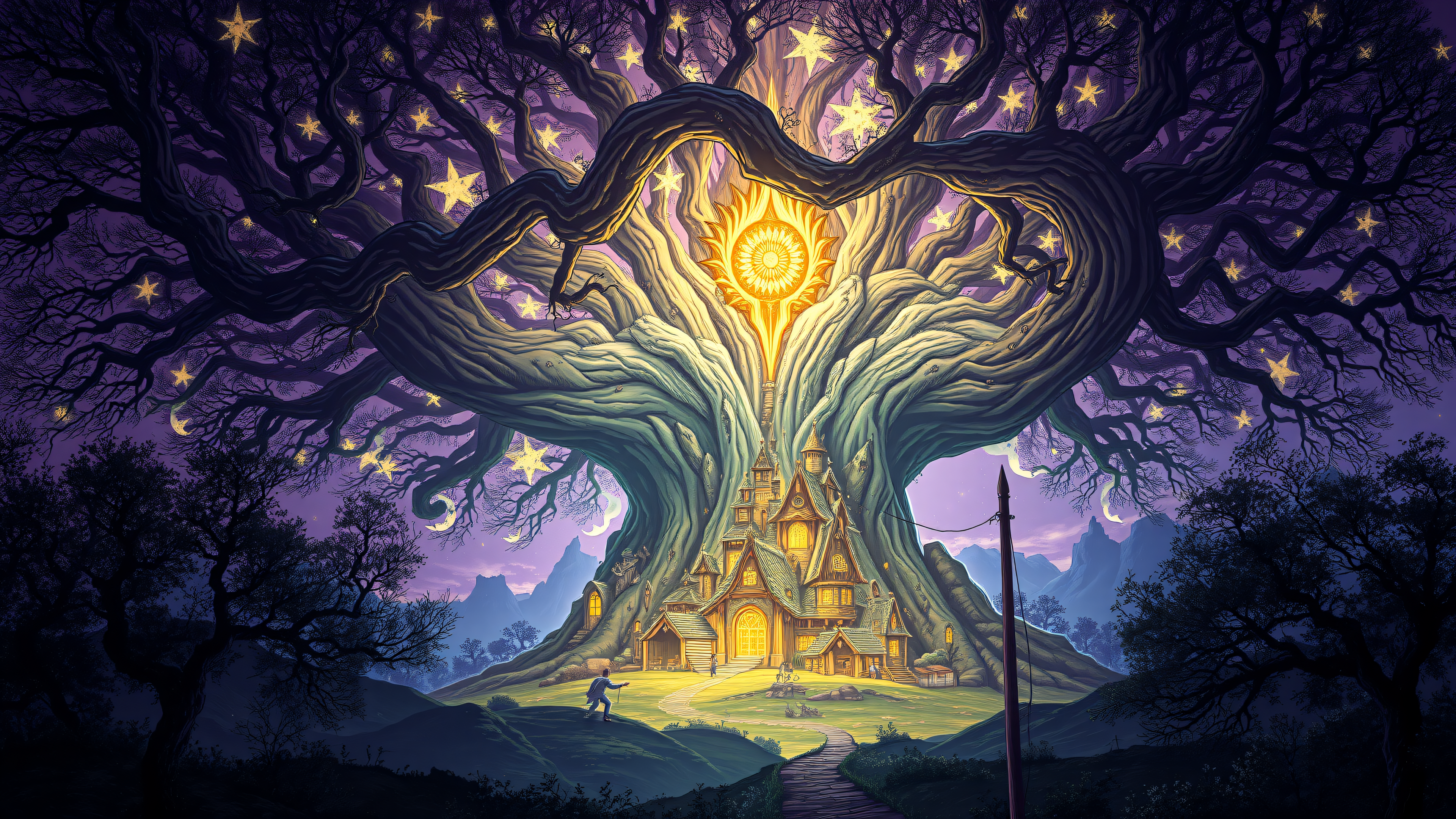 Enchanted Tree House Village Night Sky Wallpaper, enchanted tree house, fantasy village, magical night, glowing stars, purple sky, golden light