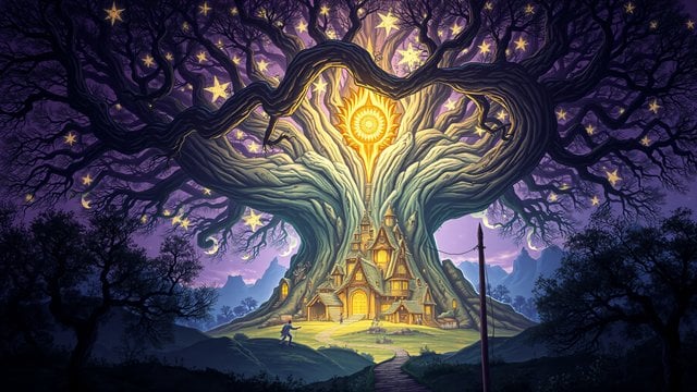 Enchanted Tree House Village Night Sky Wallpaper
