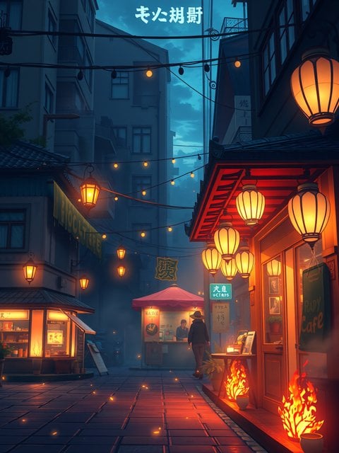 Night Alleyway Glowing Lanterns & Cafes