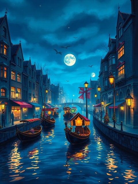 Full Moon Night Canal Town