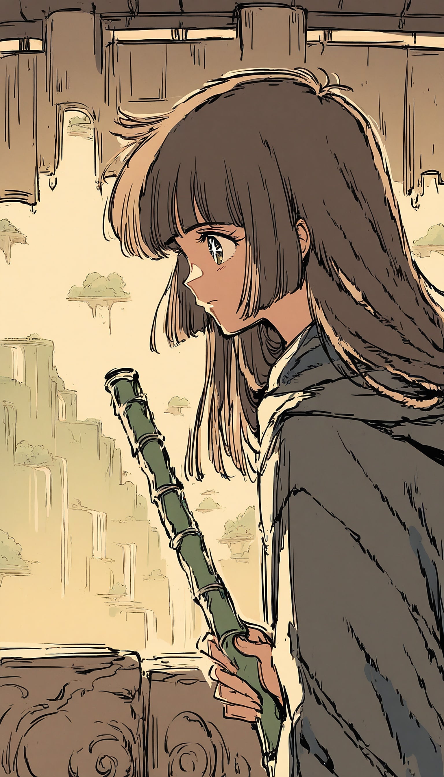 Anime Girl with Bamboo Staff, Floating Islands, anime girl, fantasy landscape, floating islands, bamboo staff, manga art, warm tones
