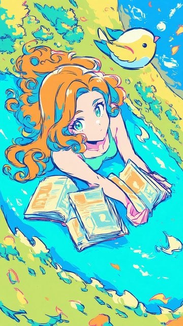 Anime Girl Reading with Bird, Vibrant Colors
