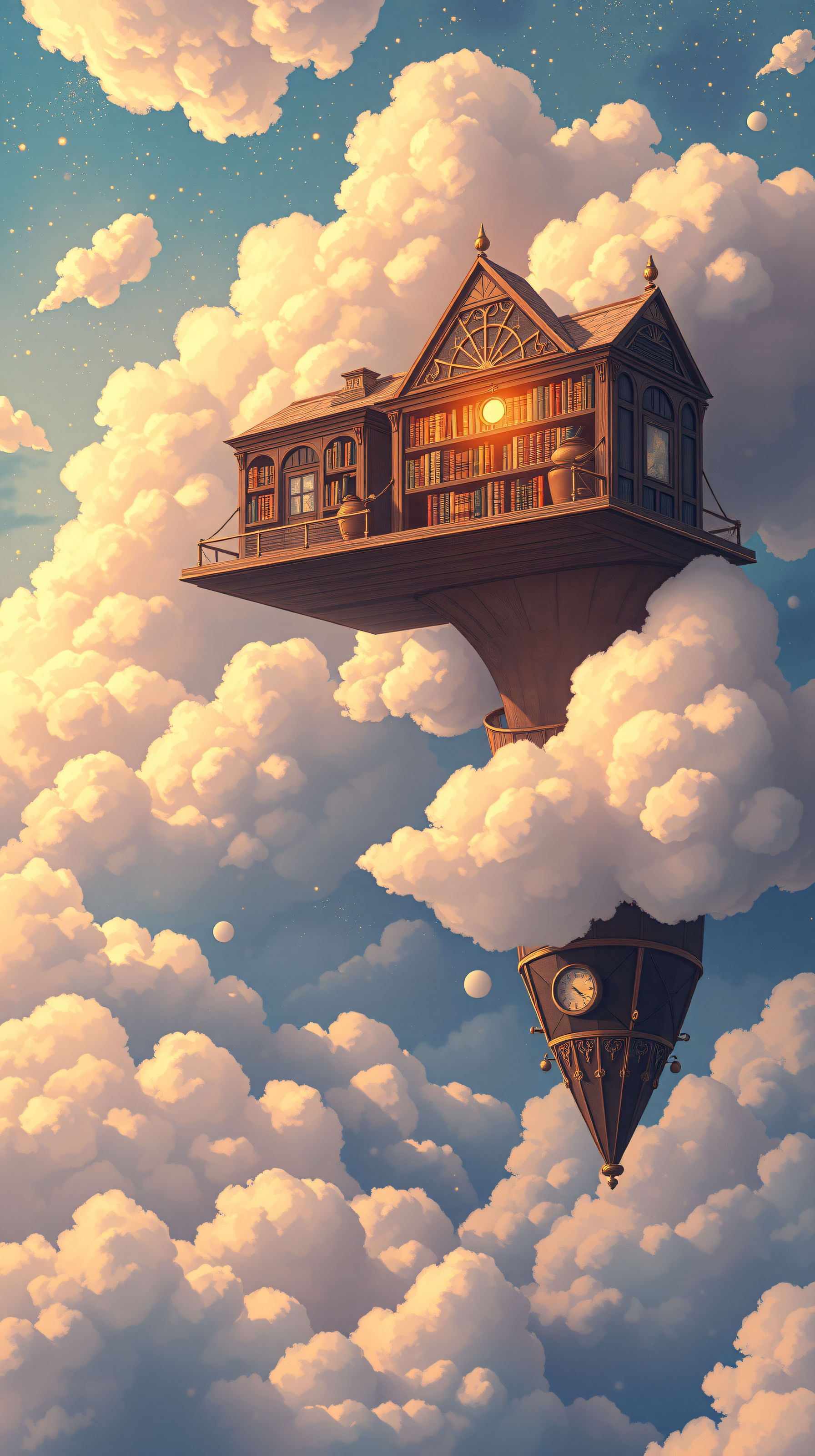 Fantasy Library Floating in Golden Clouds, floating library, fantasy house, cloudscape, ethereal, dreamy, golden hour
