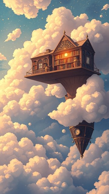 Fantasy Library Floating in Golden Clouds
