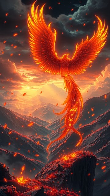 Fiery Phoenix Rising Over Mountain Valley