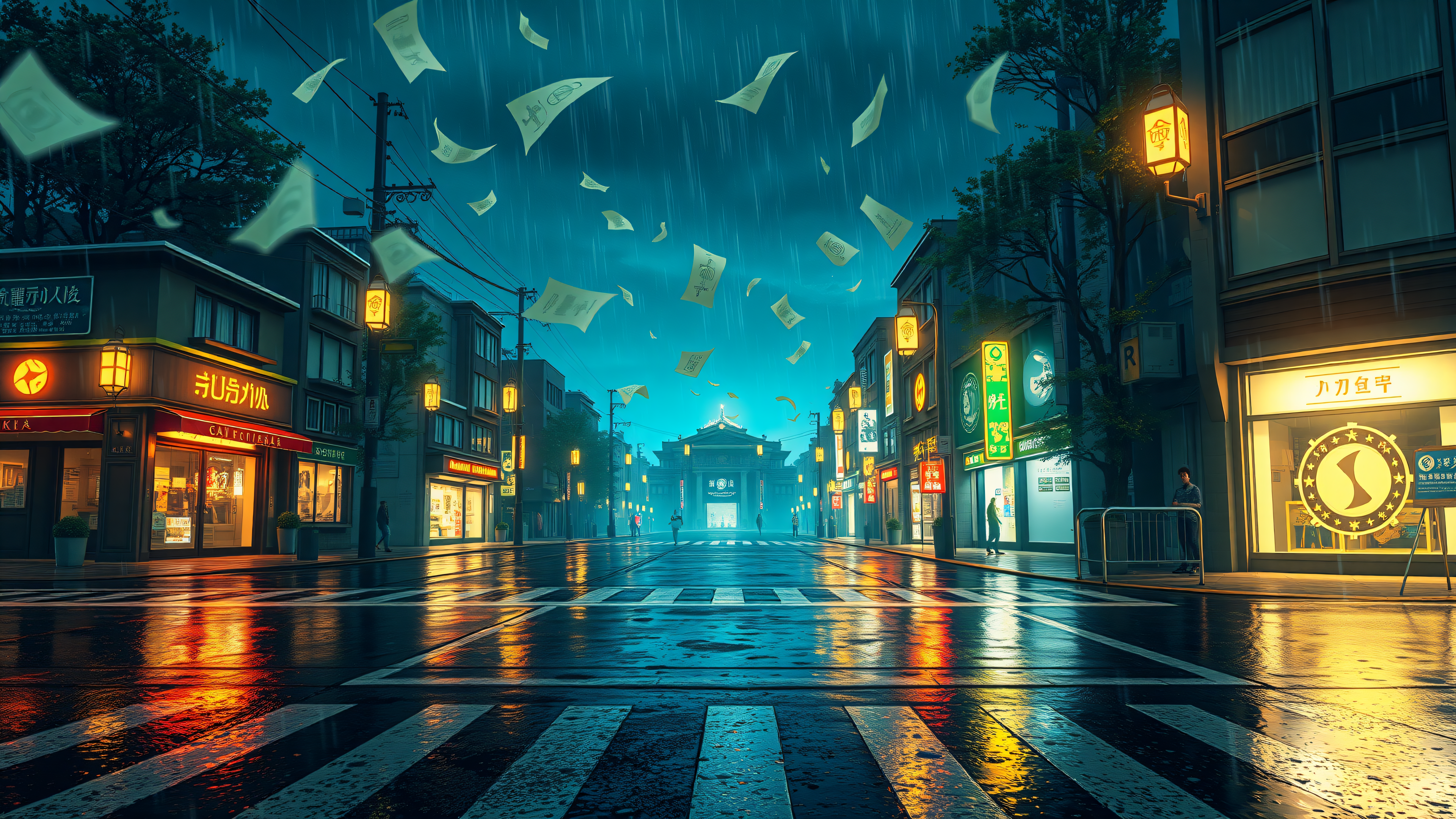Rainy Night City Street with Floating Papers, rainy city, night street, floating papers, urban aesthetic, neon lights, wet pavement