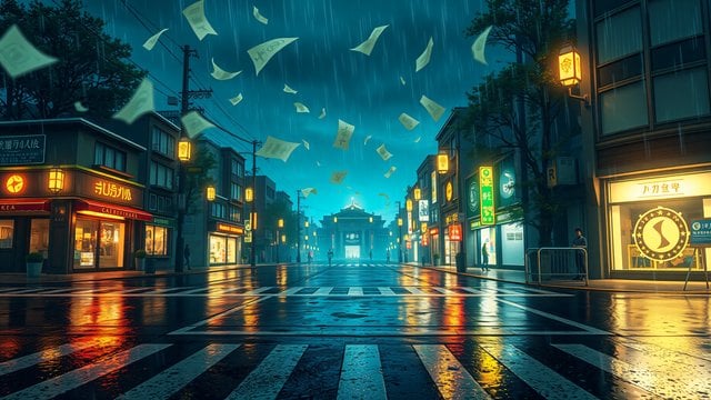 Rainy Night City Street with Floating Papers