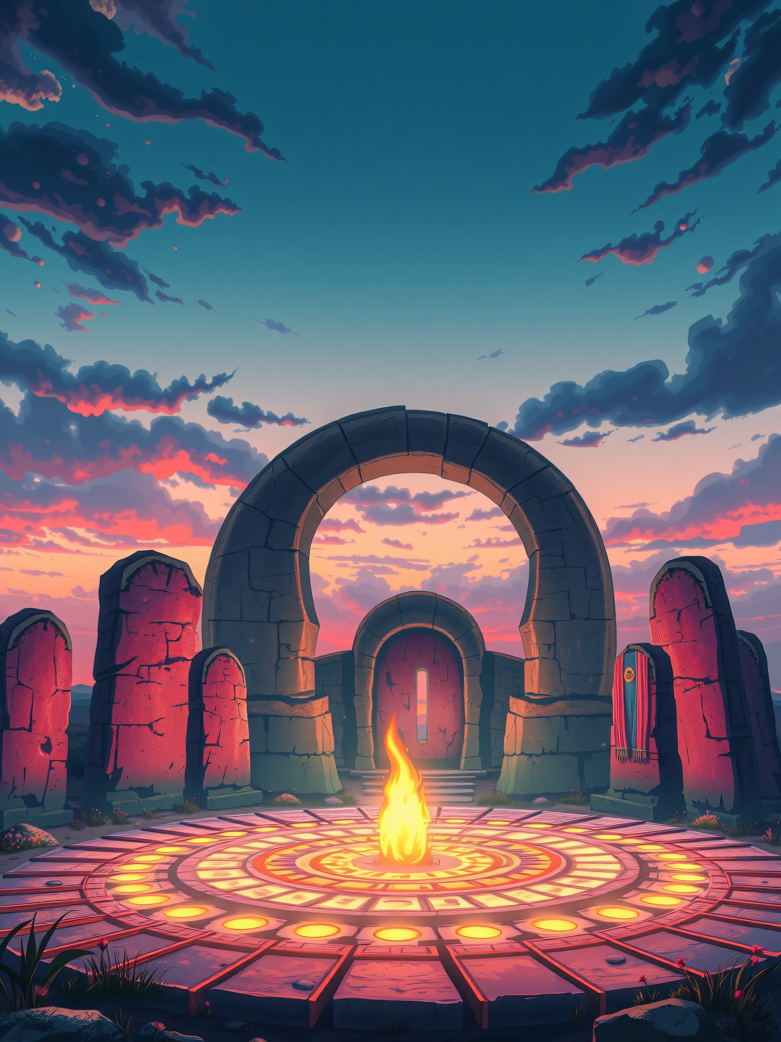 Fantasy Ancient Temple Sunset Fire Pit, fantasy, ancient ruins, temple, sunset, fire pit, anime style