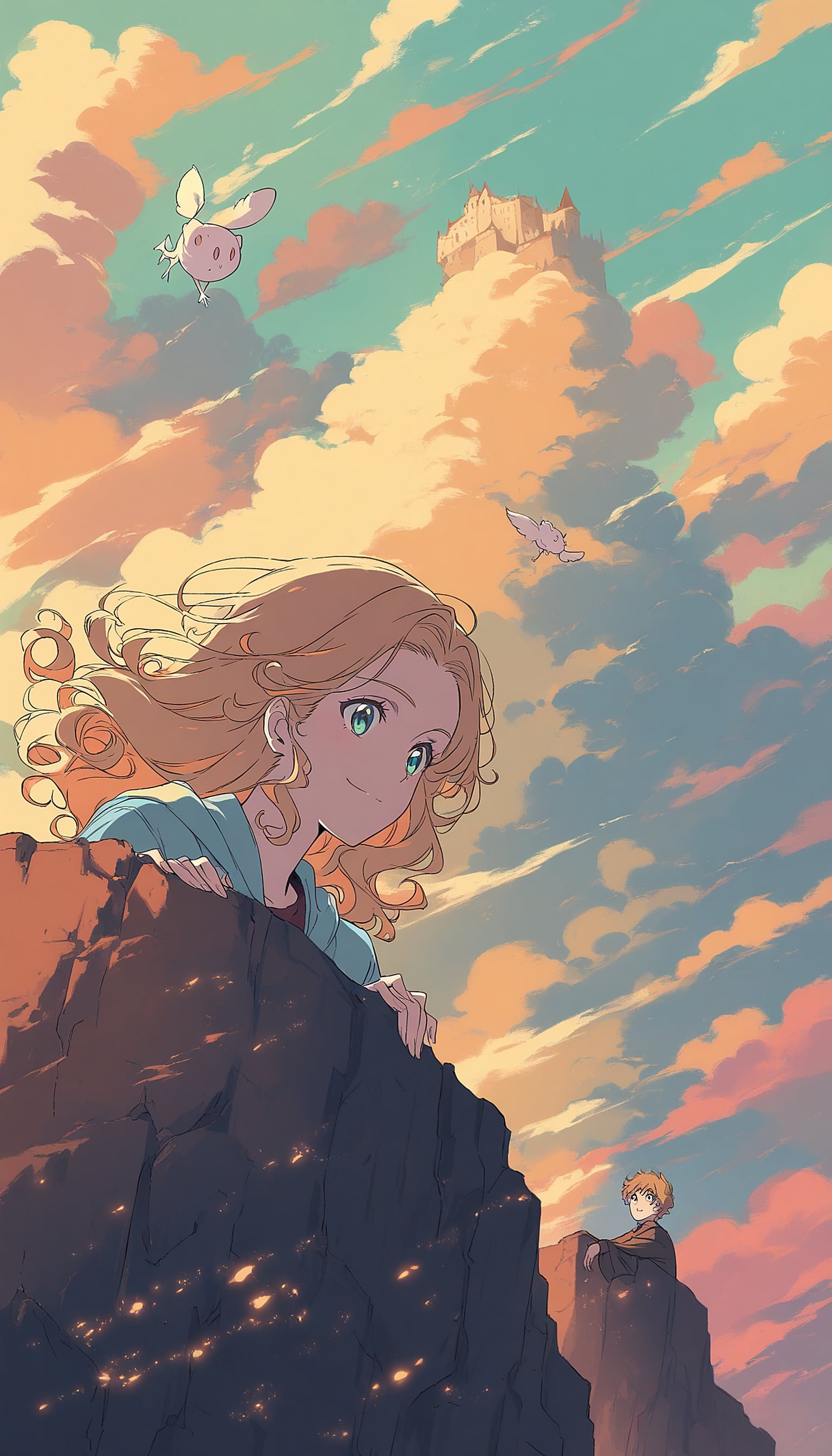 Anime Girl & Boy on Cliffs, Fantasy Sky Castle, anime girl, anime boy, fantasy landscape, sky castle, sunset clouds, adventure