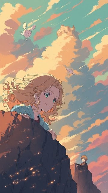 Anime Girl & Boy on Cliffs, Fantasy Sky Castle