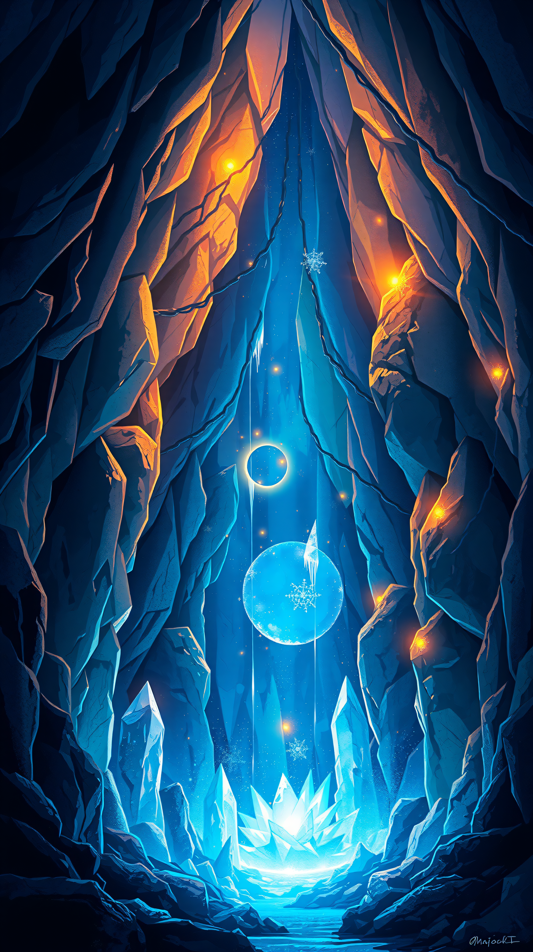 Mystic Crystal Cave with Glowing Orbs, crystal cave, fantasy art, glowing crystals, blue orange aesthetic, mystical, abstract landscape