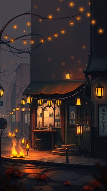 Cozy Evening Japanese Street with Lanterns & Fire