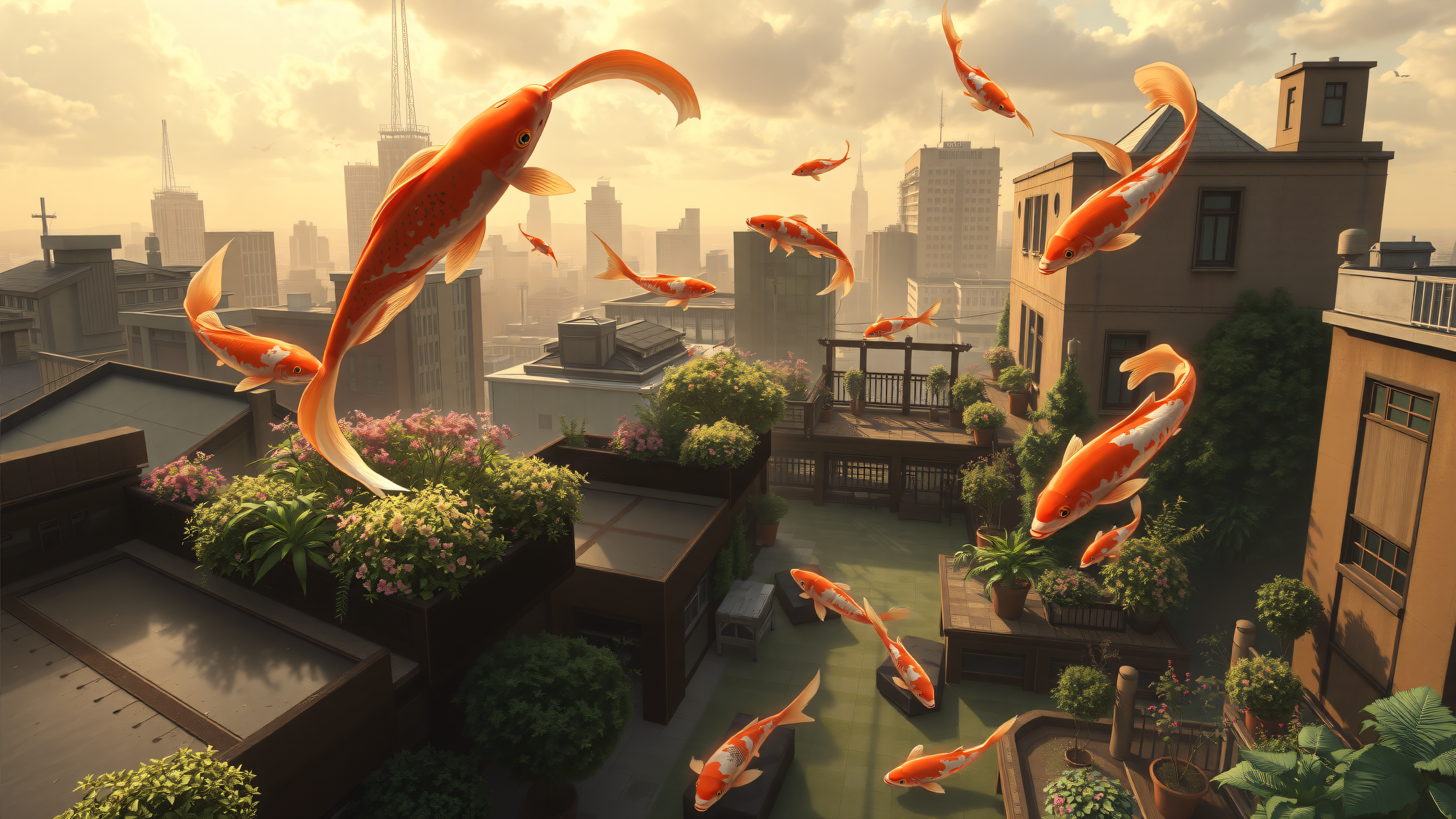 Flying Koi Fish Over City Rooftops Fantasy, koi fish, flying fish, cityscape, rooftops, fantasy, golden hour
