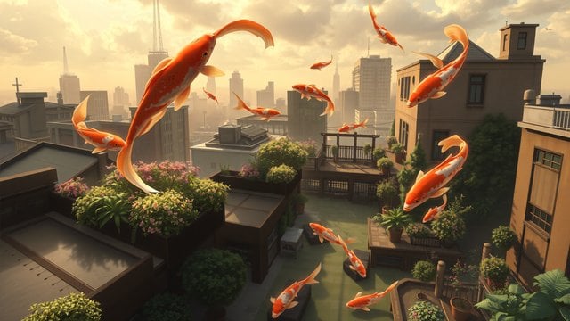 Flying Koi Fish Over City Rooftops Fantasy
