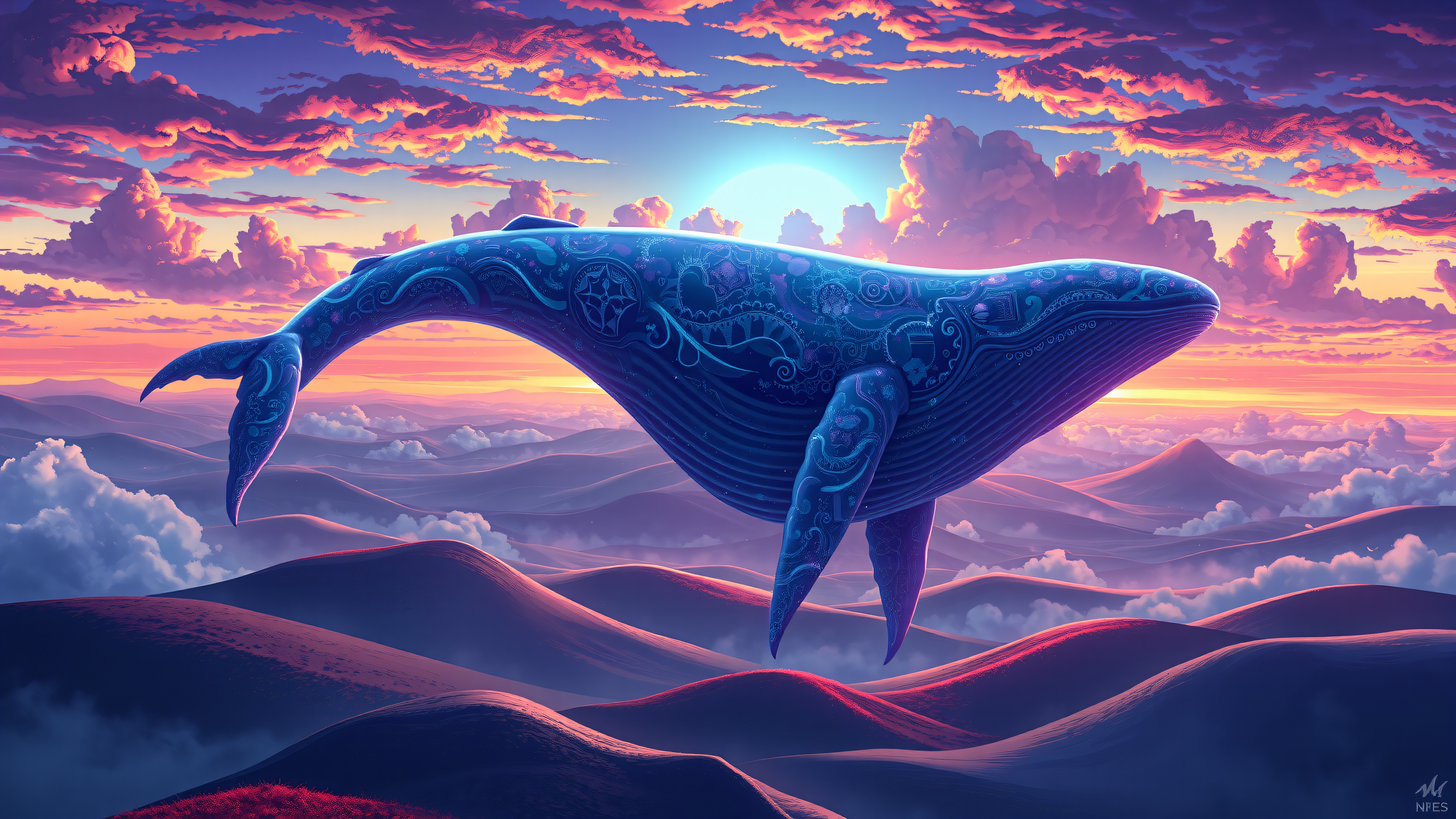 Celestial Whale Sunset Dreamscape Wallpaper, celestial whale, fantasy landscape, sunset sky, dreamy aesthetic, purple hills, bioluminescent patterns