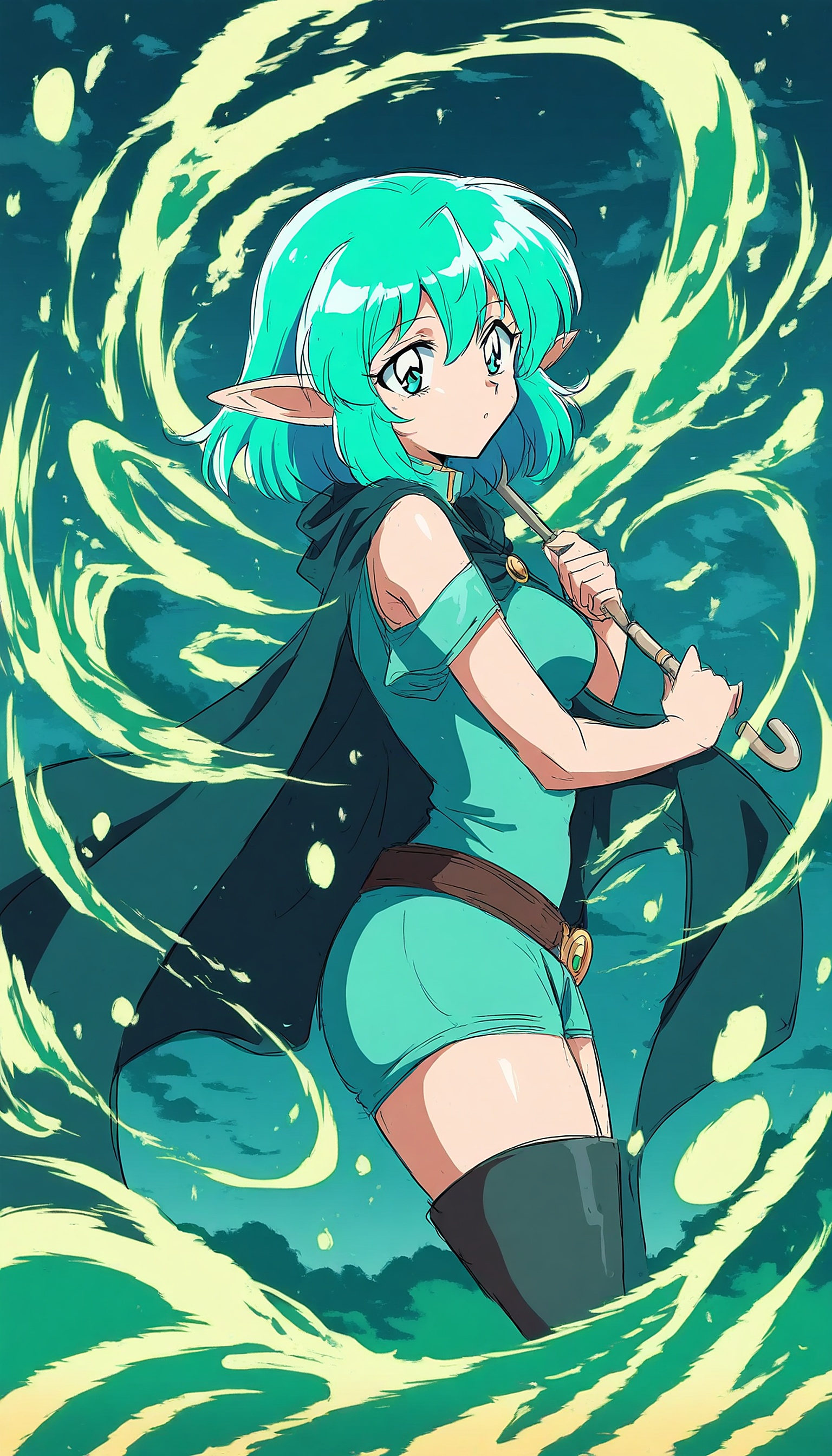 Anime Elf Girl with Flute & Magical Swirls, anime elf, fantasy girl, teal hair, magic swirls, flute, digital art