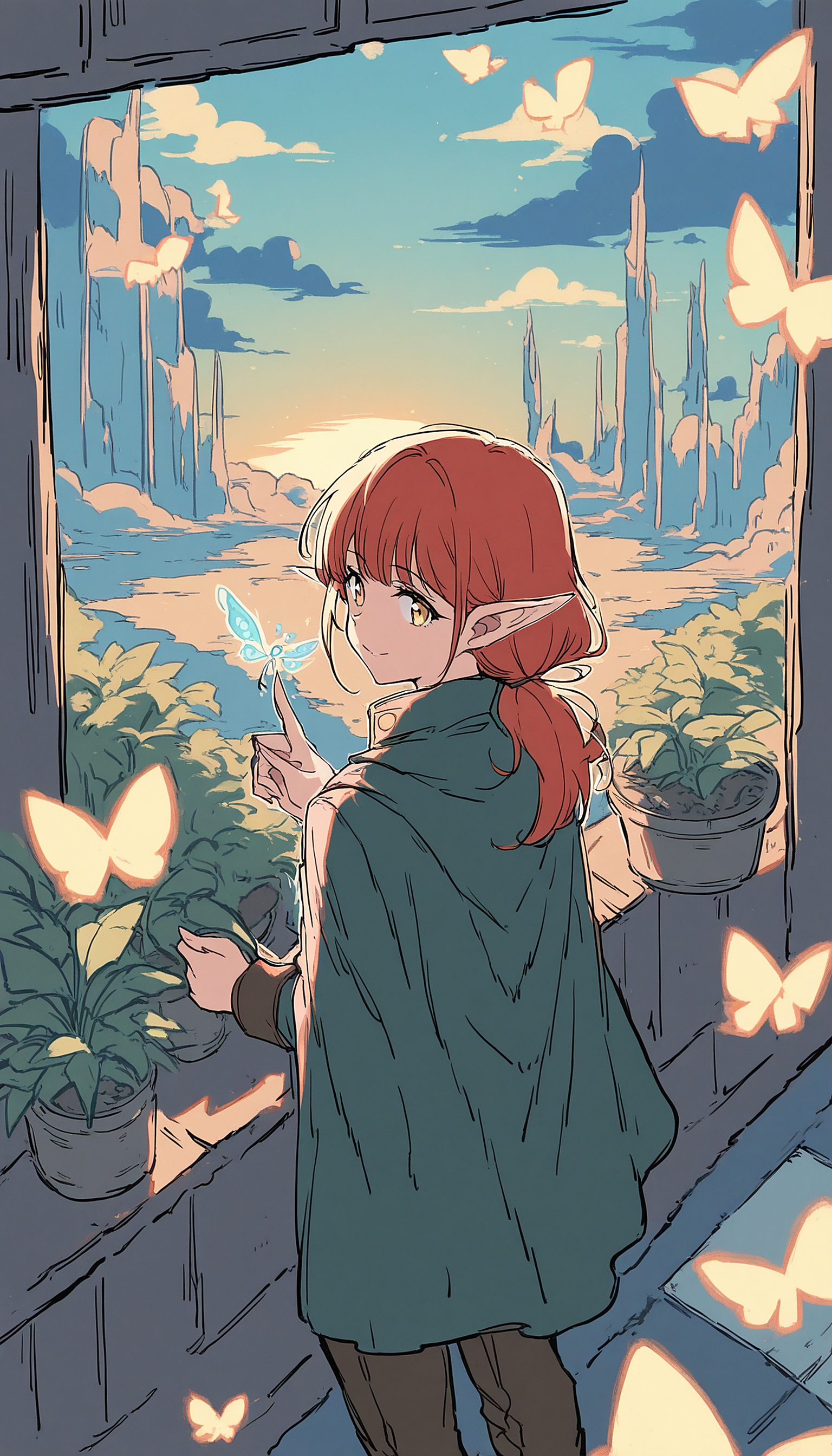 Elf Girl with Glowing Butterfly at Sunset, anime, elf girl, fantasy, glowing butterfly, sunset, magical