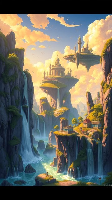 Floating Islands Waterfall Kingdom at Sunset