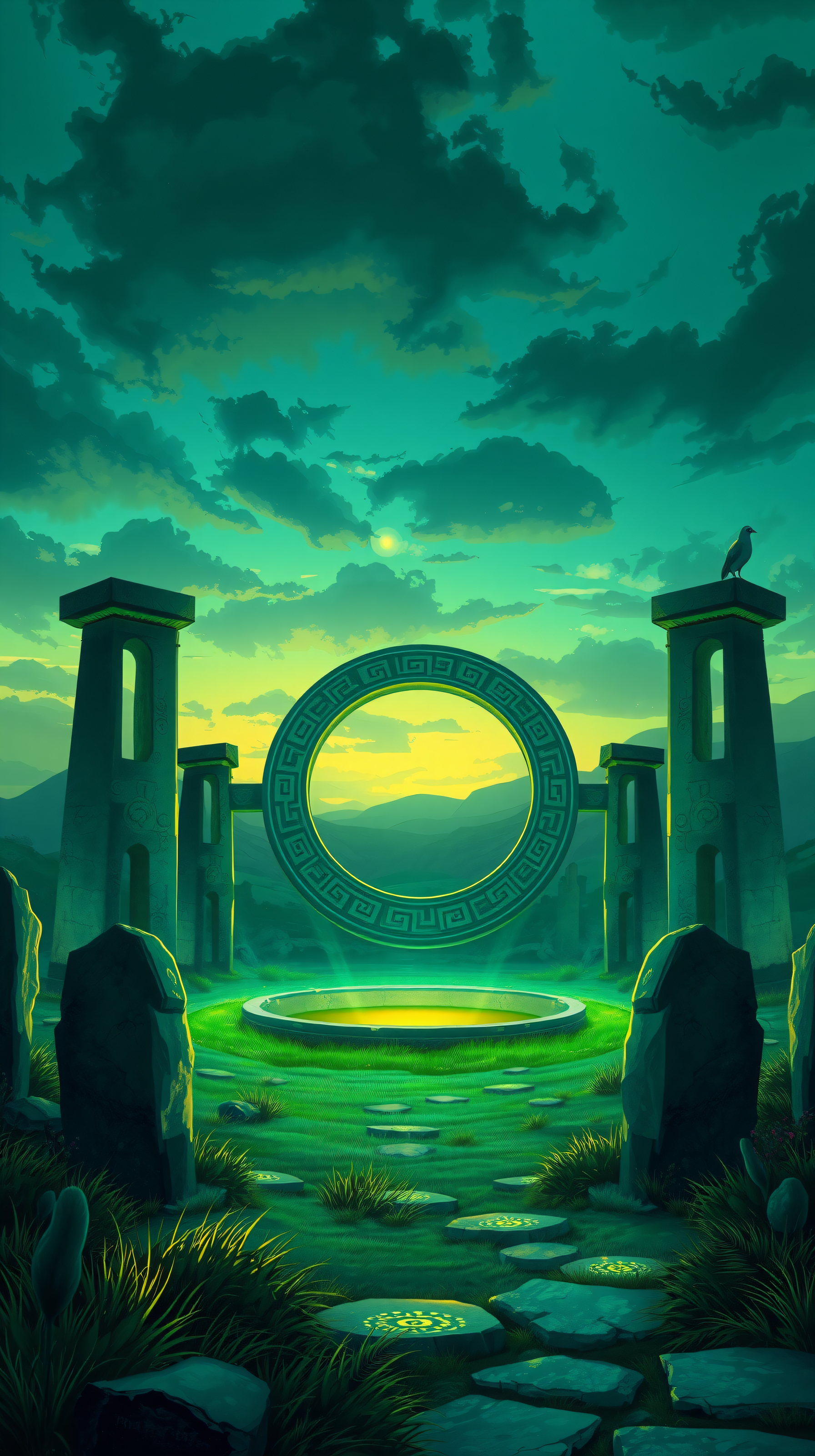 Ancient Portal Stone Circle Sunset Glow, fantasy wallpaper, ancient portal, stone circle, glowing pond, sunset sky, teal green