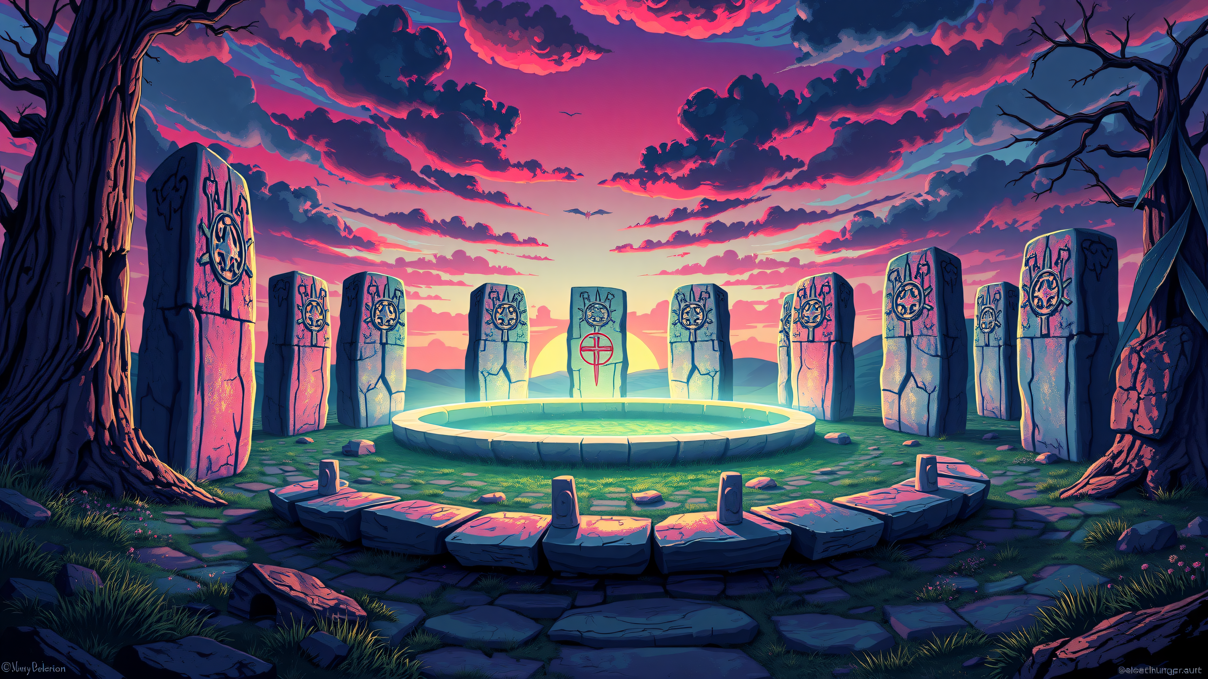 Mystic Stone Circle Sunset Altar Fantasy Art, fantasy art, stone circle, sunset, magic, mystical, altar