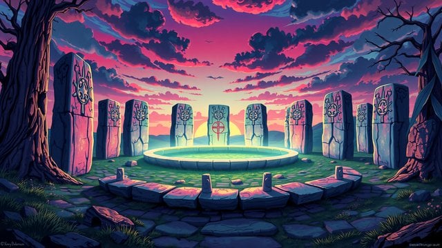 Mystic Stone Circle Sunset Altar Fantasy Art