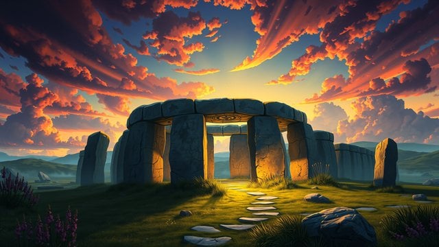 Stonehenge Sunset Glowing Fantasy Landscape Wallpaper