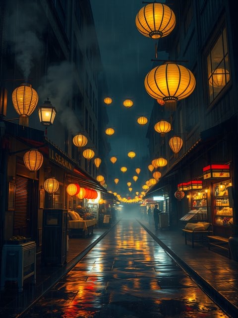 Rainy Night Lantern Street Aesthetic Wallpaper
