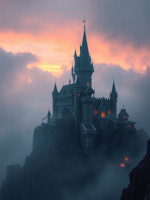 Mysterious Castle at Misty Sunset
