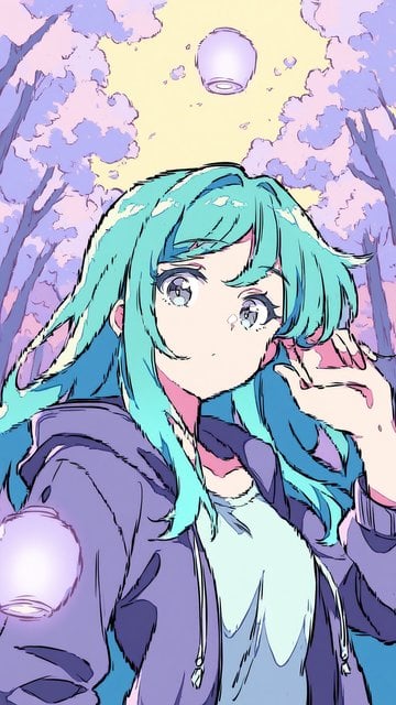 Anime Girl in Park with Teal Hair and Lanterns