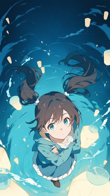 Anime Girl Floating with Lanterns in Blue Sky