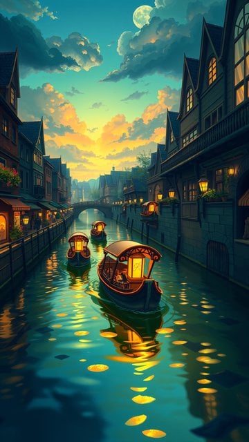 Fantasy Canal Town Sunset with Lantern Boats