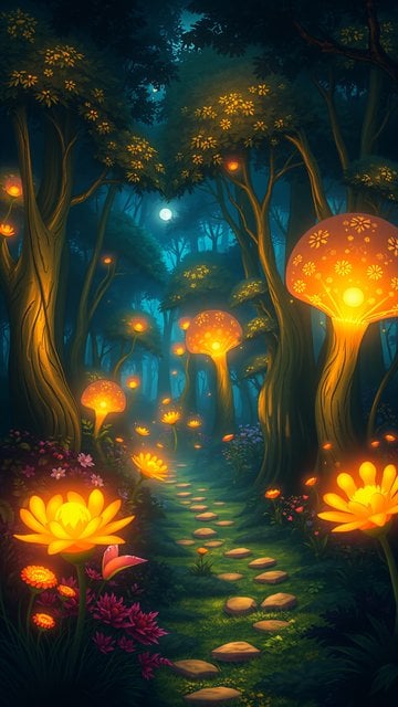 Enchanted Forest Path with Glowing Flowers at Night