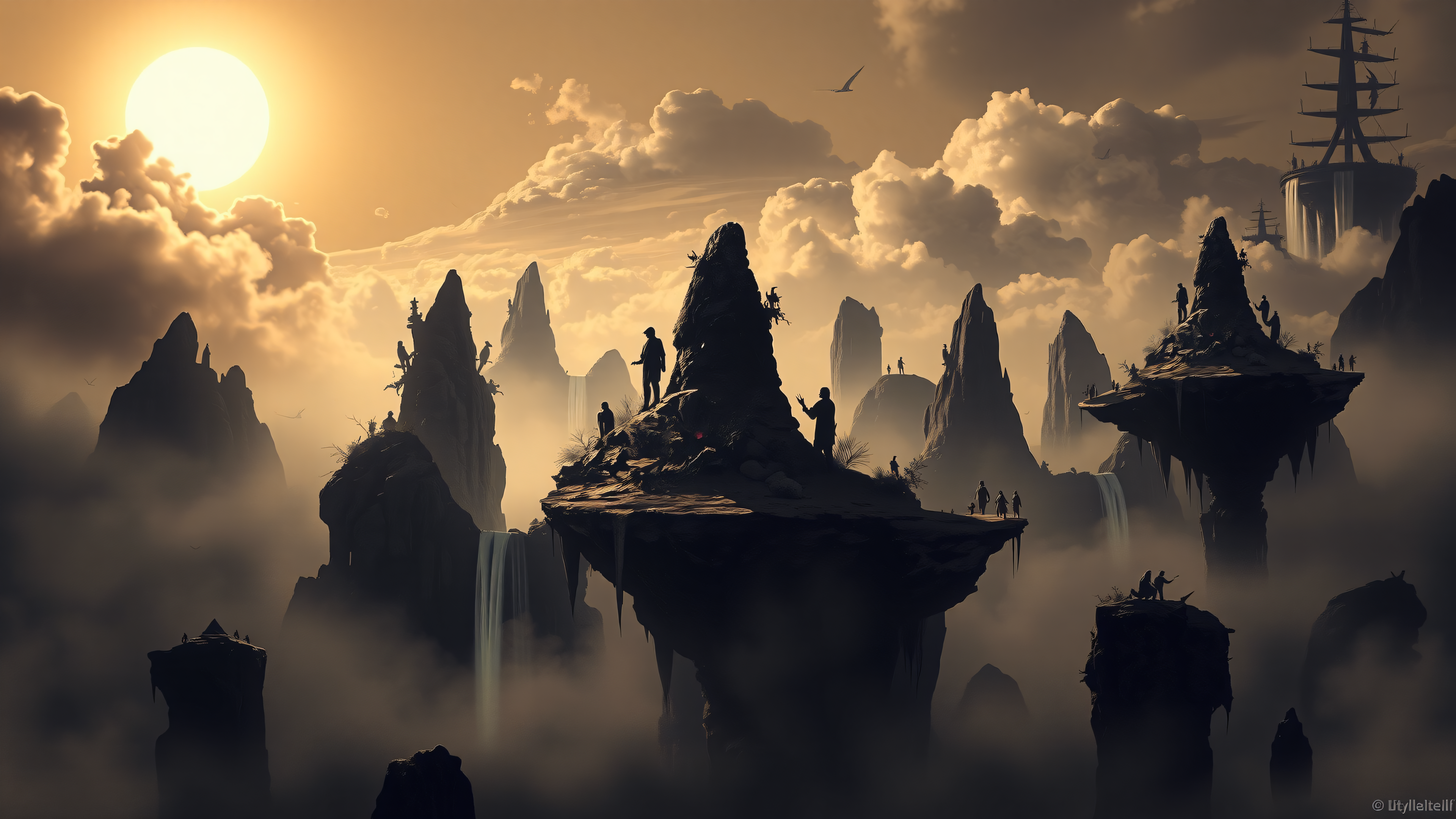 Fantasy Floating Islands Golden Sunset Wallpaper, fantasy landscape, floating islands, sunset, golden hour, mystical, dreamy