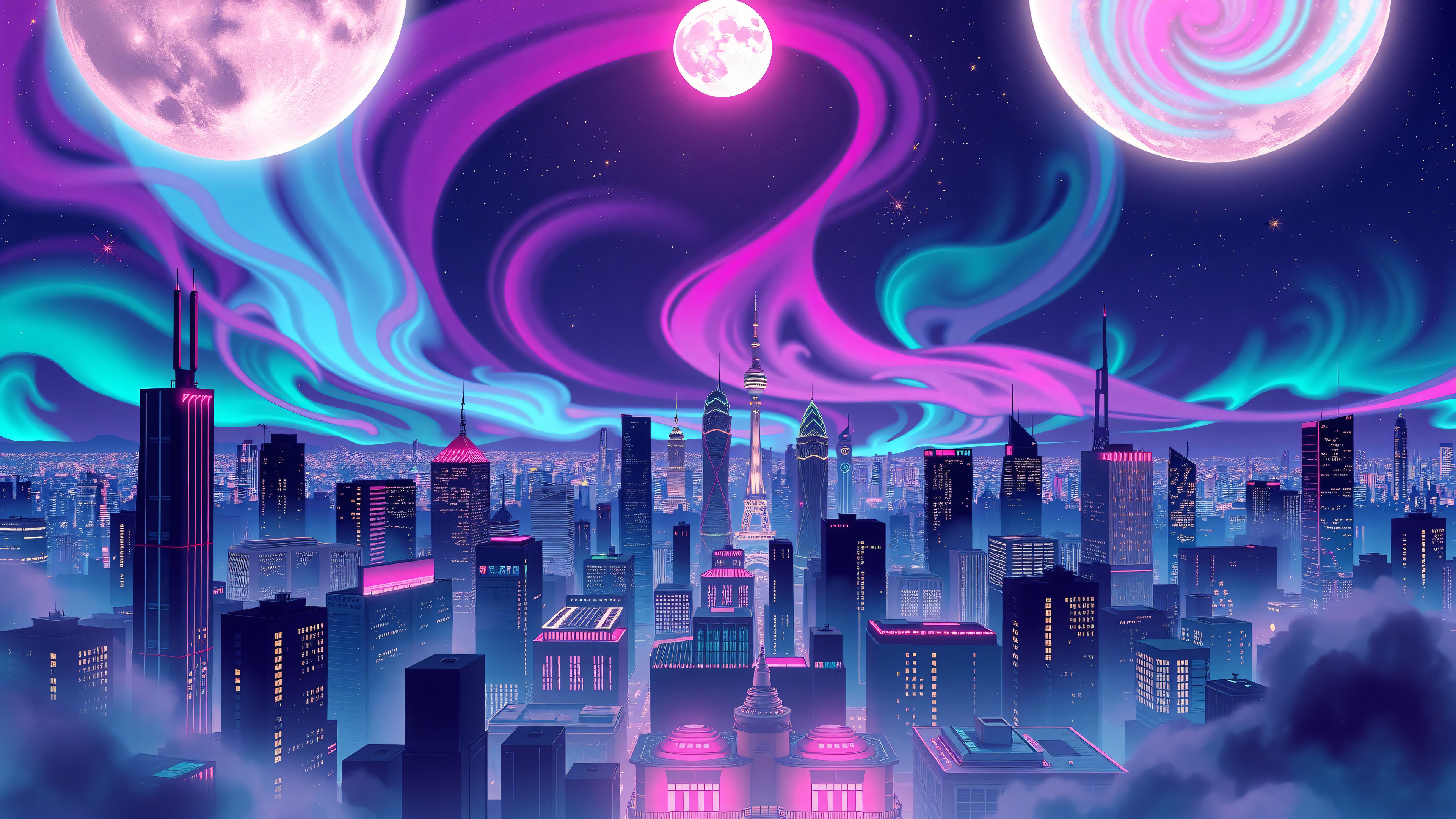 Vaporwave Cityscape with Neon Auroras and Moons, vaporwave, cityscape, neon, aurora, moons, futuristic