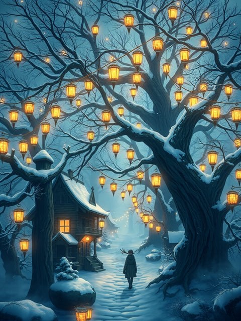 Winter Forest Cottage with Glowing Lanterns