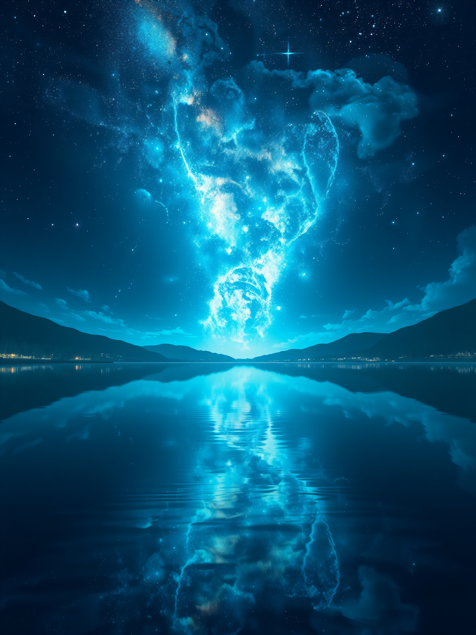 Celestial Nebula Lake Reflection Wallpaper, nebula, celestial, space, night sky, lake reflection, mountains