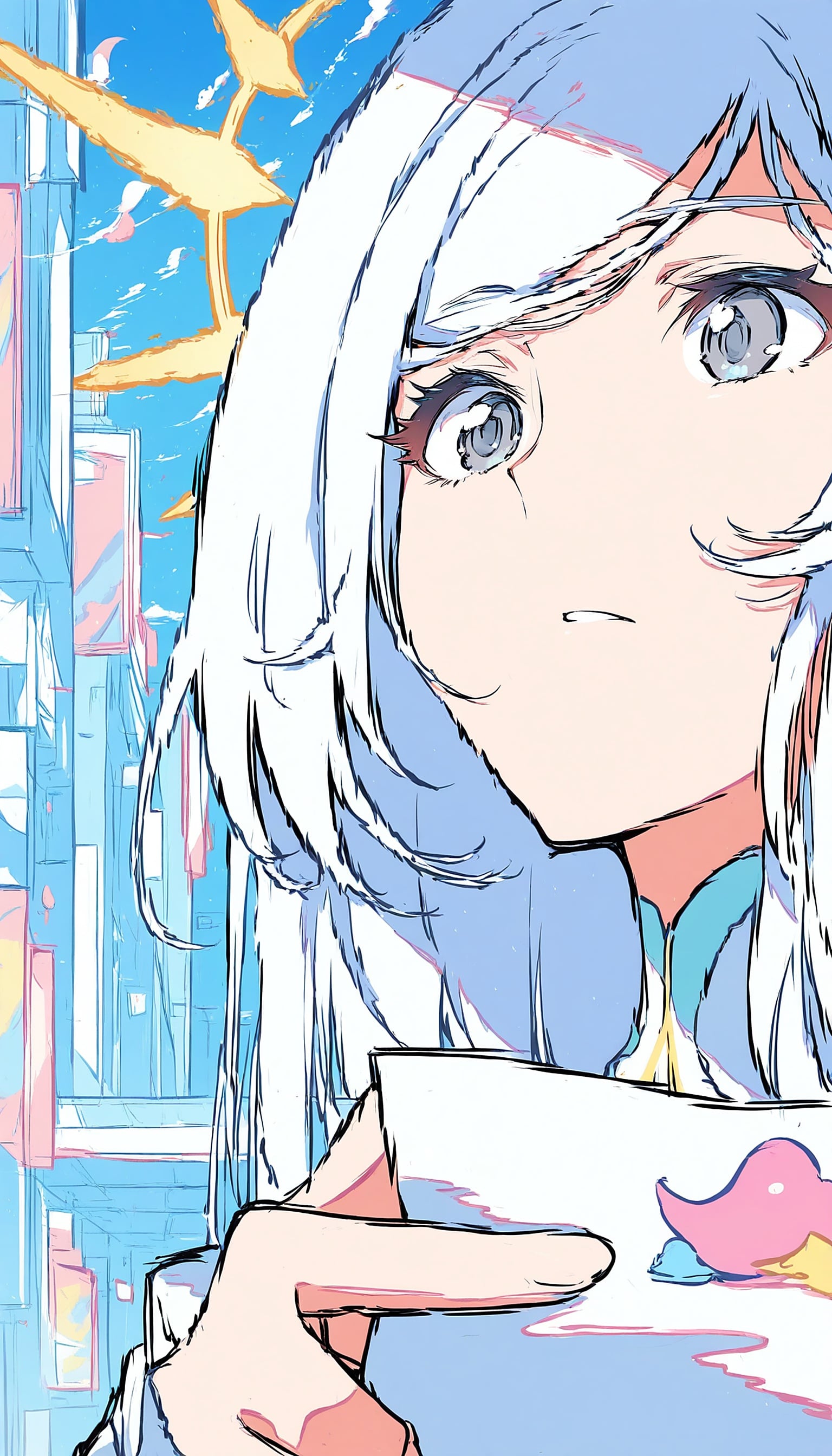 Anime Girl in Urban Cityscape with Blue Sky, anime girl, white hair, urban fantasy, cityscape, pastel colors, blue sky