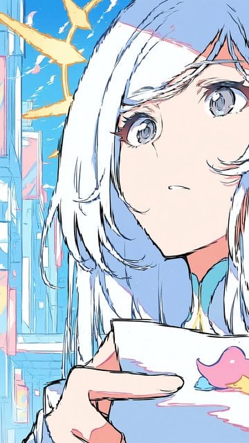 Anime Girl in Urban Cityscape with Blue Sky