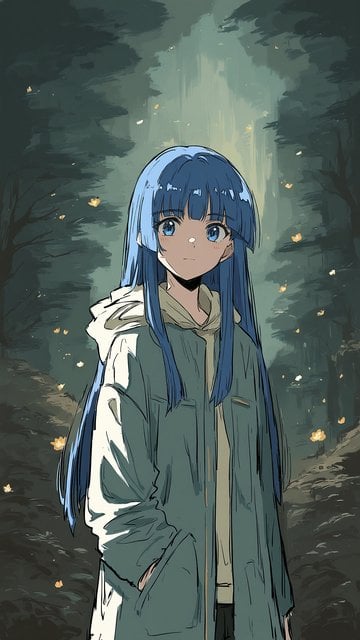Anime Girl in Enchanted Forest with Blue Hair