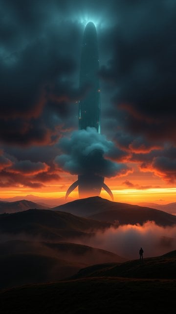 Mysterious Alien Ship Landing Sunset Landscape