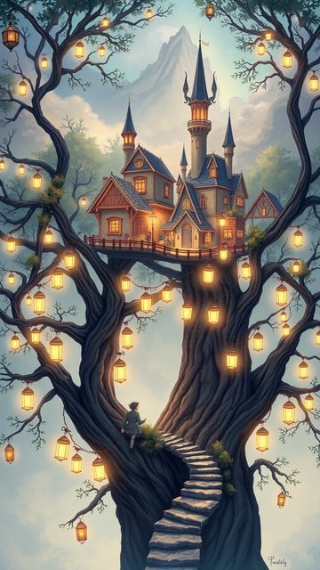 Fantasy Tree House Castle with Lanterns Wallpaper